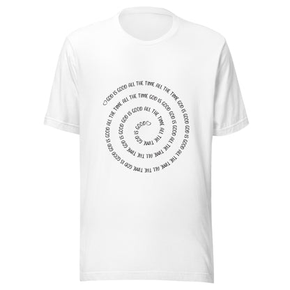 White short sleeve t-shirt that has a spiral of the words 'God is good all the time all the time God is good', with two small hearts one at the start of the spiral and one at the end in the middle.