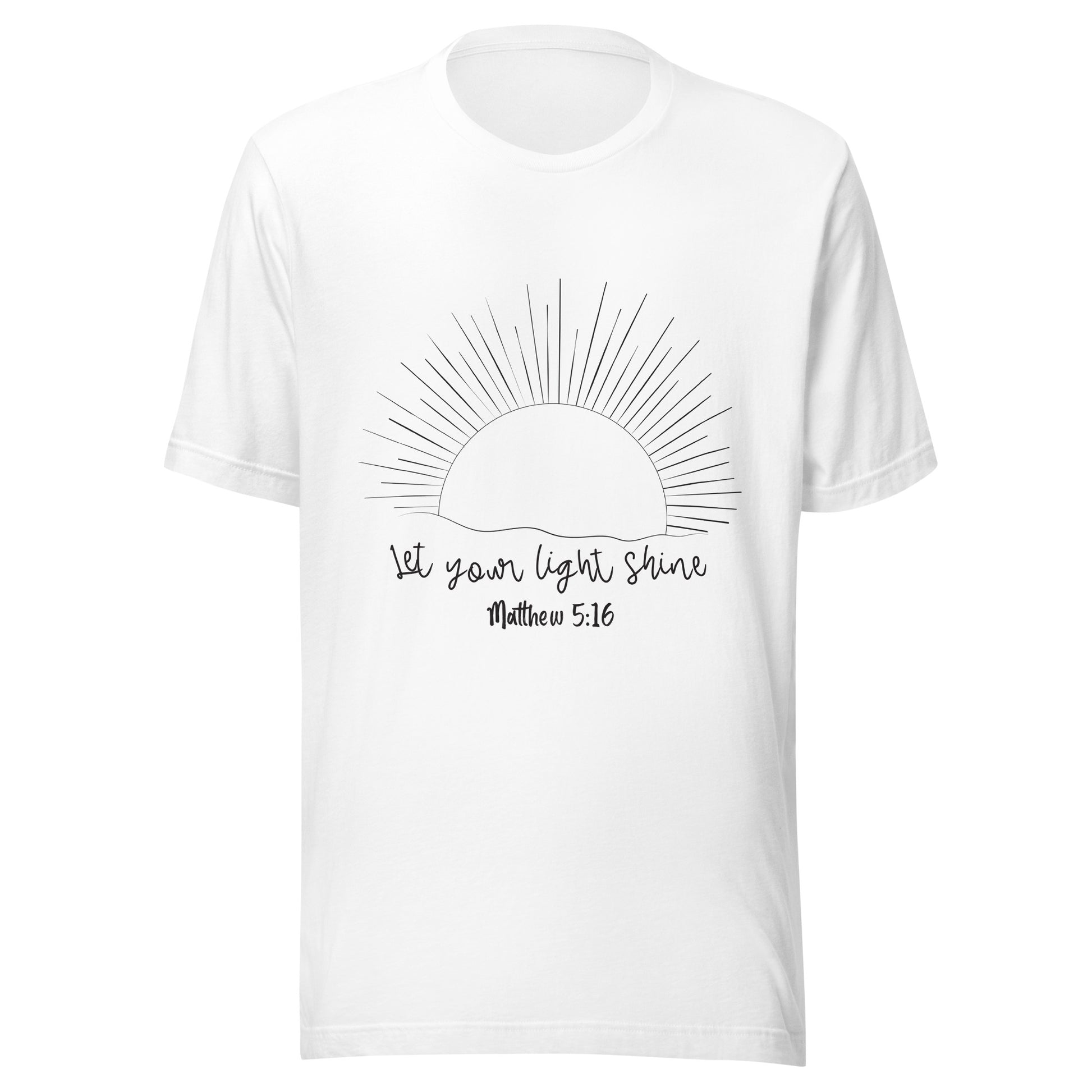 White unisex short sleeve t-shirt that has a sun with many rays and underneath says 'Let your light shine', Matthew 5:16.