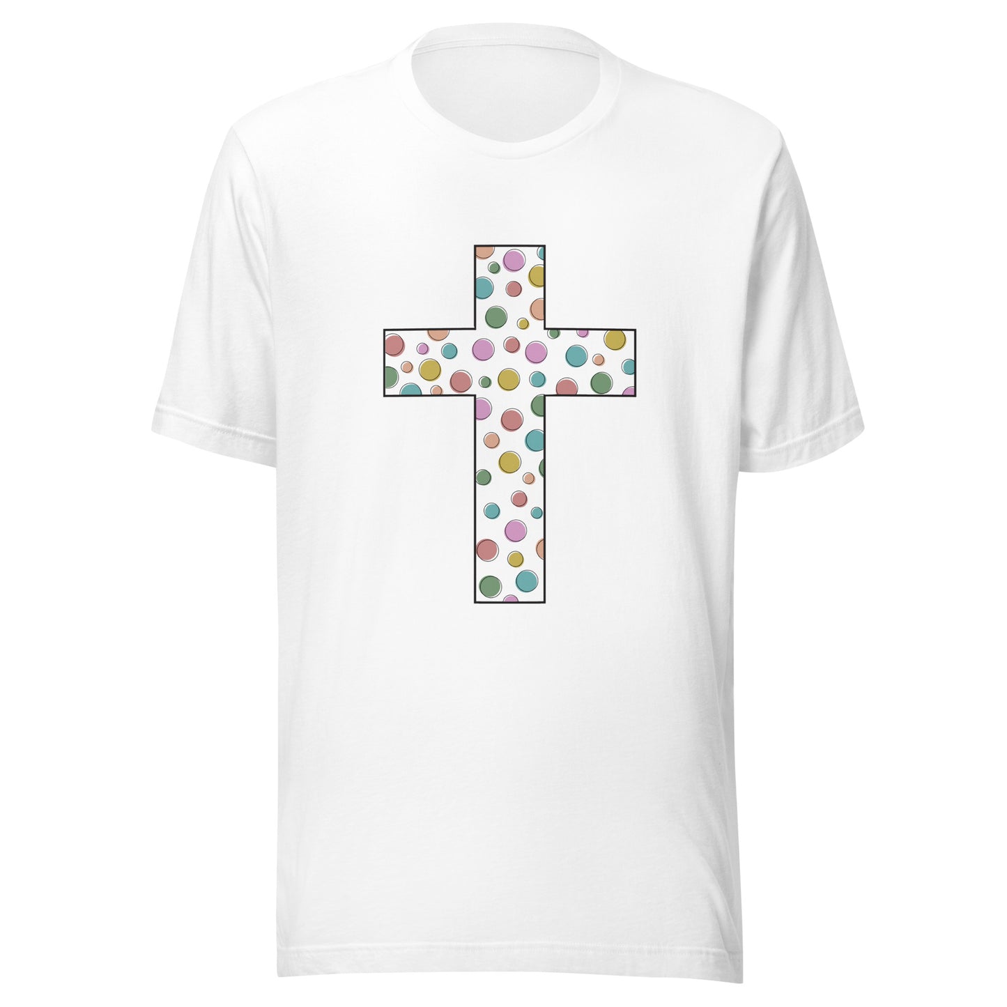 White unisex short sleeve t-shirt that has a cute multi-colored polka dot cross on the front. 