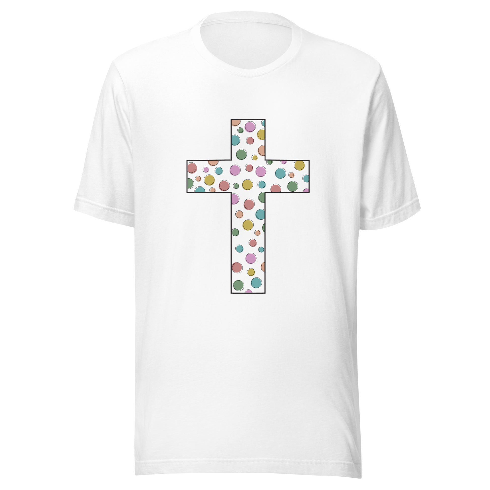 White unisex short sleeve t-shirt that has a cute multi-colored polka dot cross on the front. 