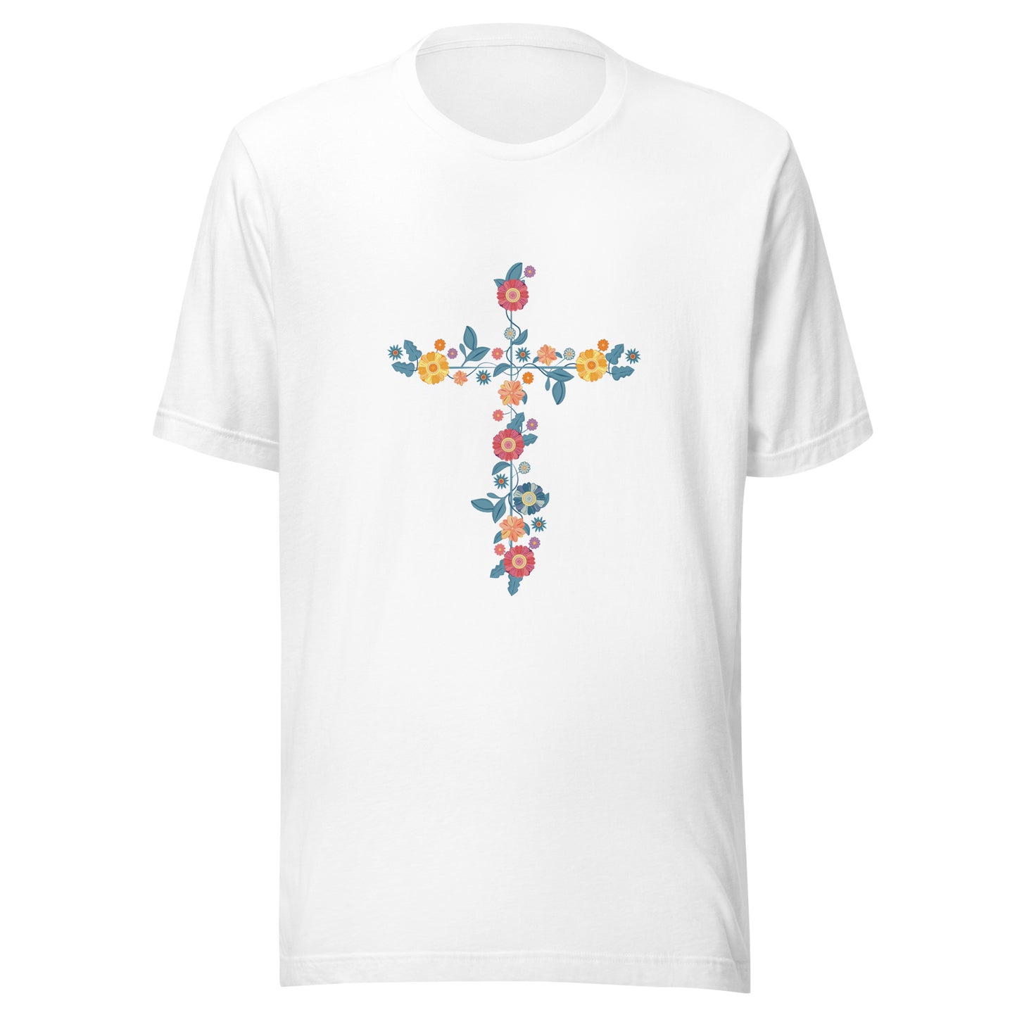 White unisex short sleeve t-shirt that has a multi-colored delicate floral cross.