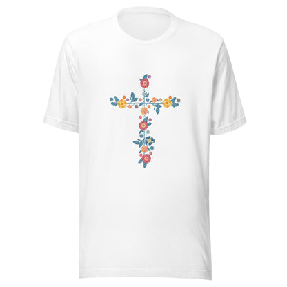White unisex short sleeve t-shirt that has a multi-colored delicate floral cross.