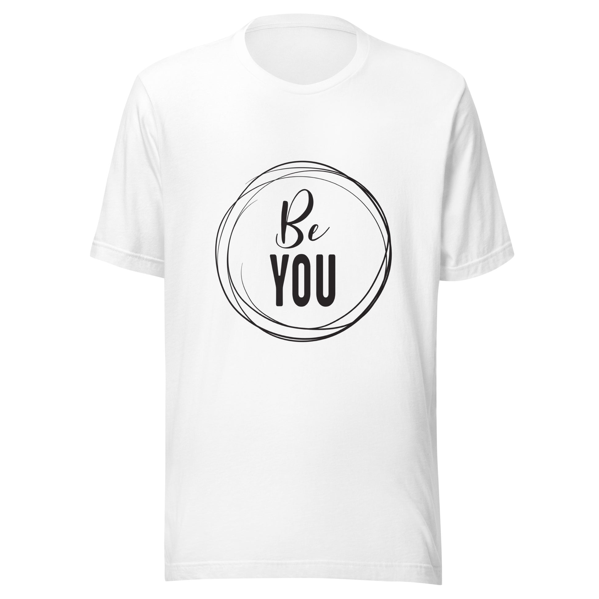 White unisex short sleeve t-shirt that says 'Be you' inside of a circle.