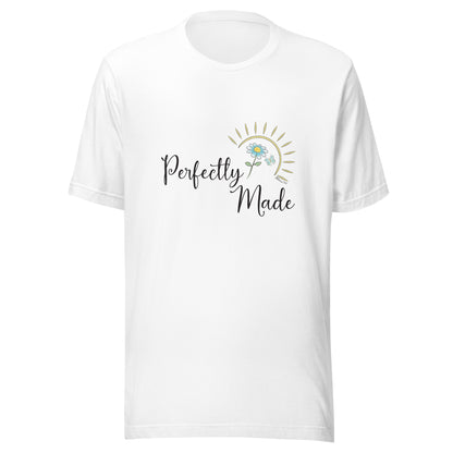 White unisex short sleeve t-shirt that says Perfectly Made with a flower butterfly and sun.