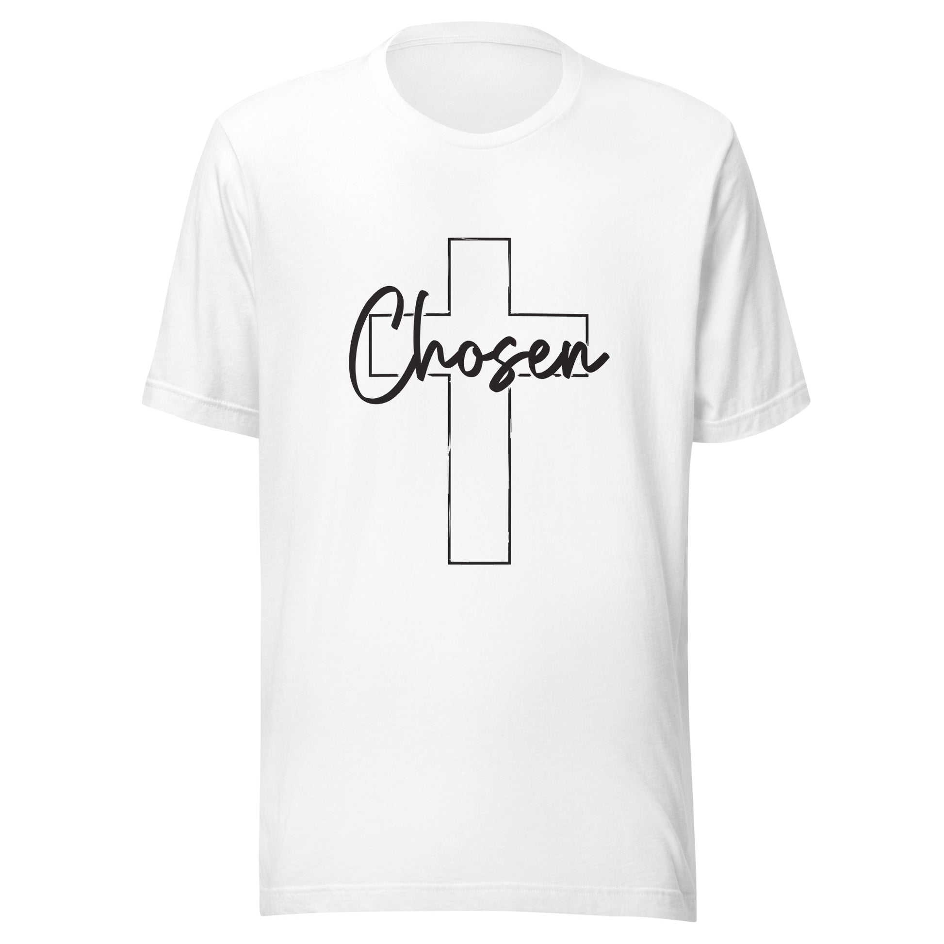 White unisex short sleeve t-shirt that has a Christian cross and has the word chosen acrossed it. 