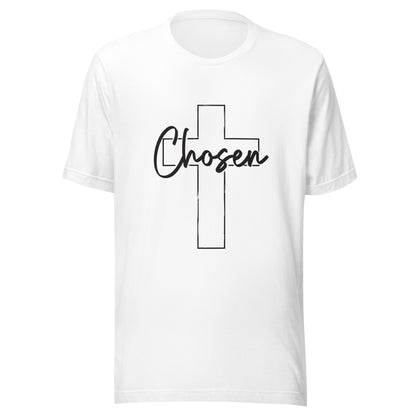White unisex short sleeve t-shirt that has a Christian cross and has the word chosen acrossed it. 