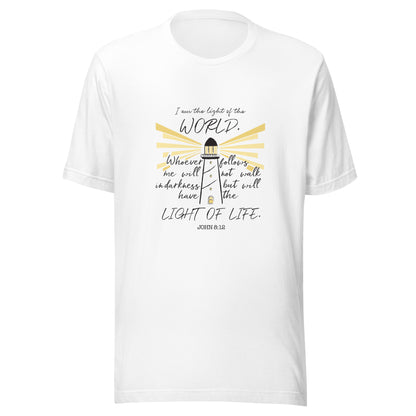 White unisex short sleeve t-shirt that has John 8:12 scripture featuring a light house with light rays coming from it. 