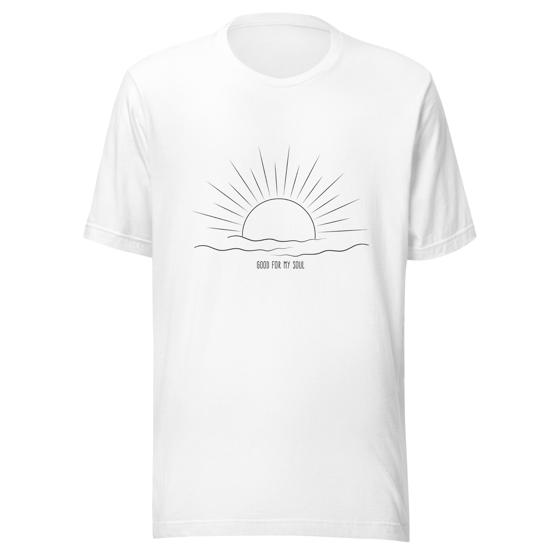 White unisex short sleeve t-shirt that states 'Good for my soul' with a sunsetting above the words all in black color.
