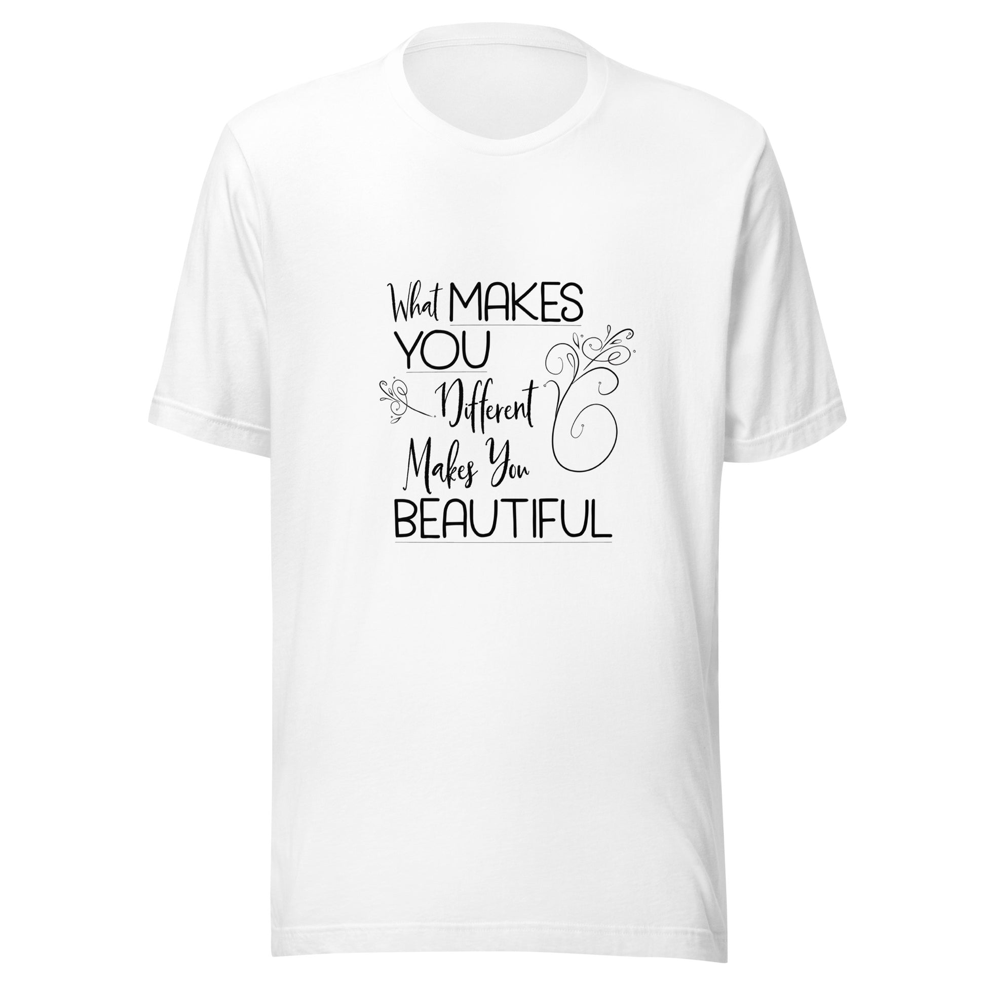 White unisex short sleeve t-shirt that states 'What makes you different makes you beautiful'.