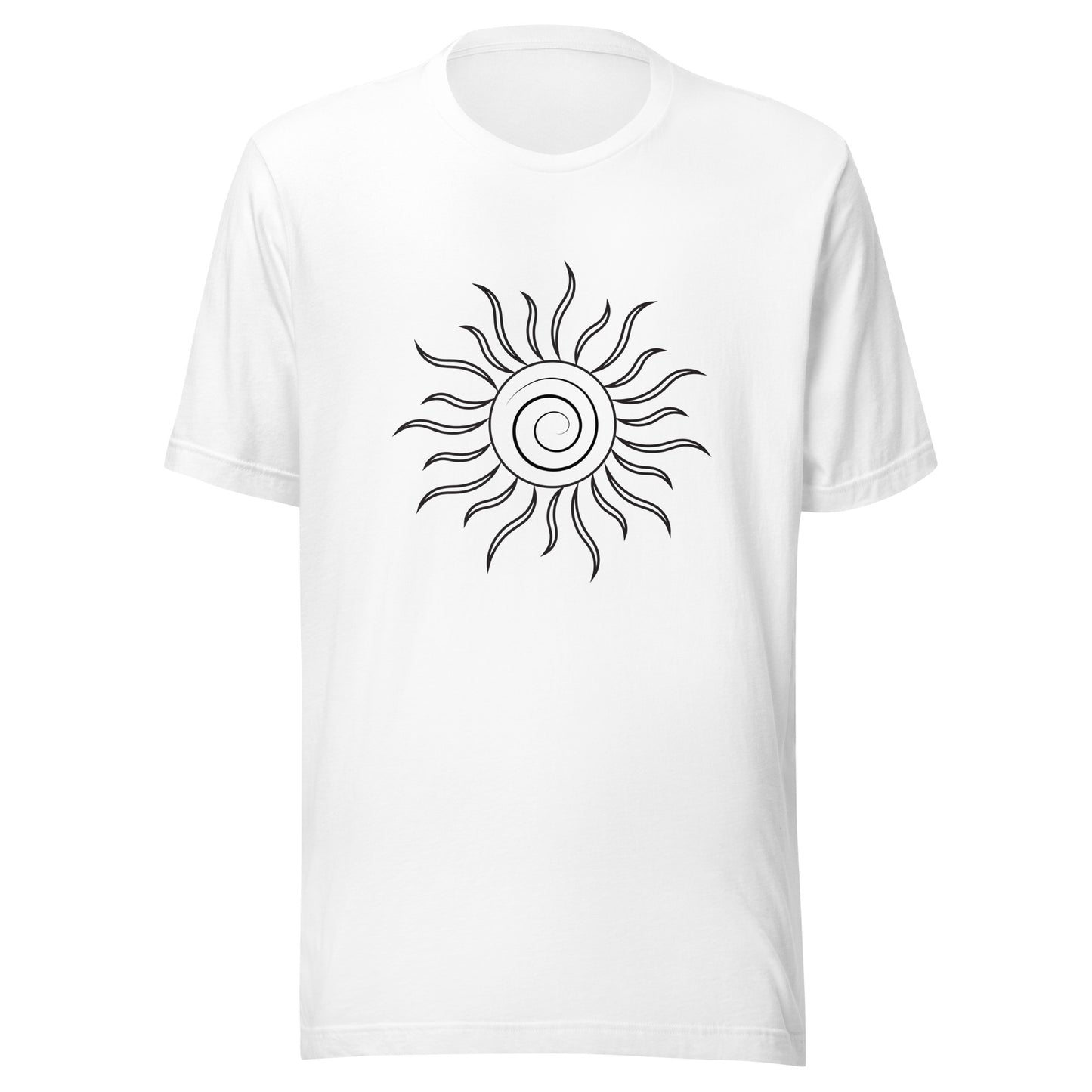 White unisex short sleeve t-shirt with spiral sun and black fiery looking rays all black ink.