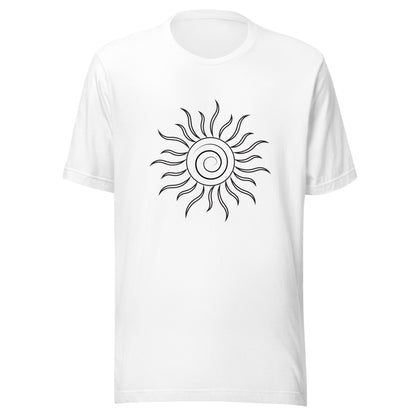 White unisex short sleeve t-shirt with spiral sun and black fiery looking rays all black ink.