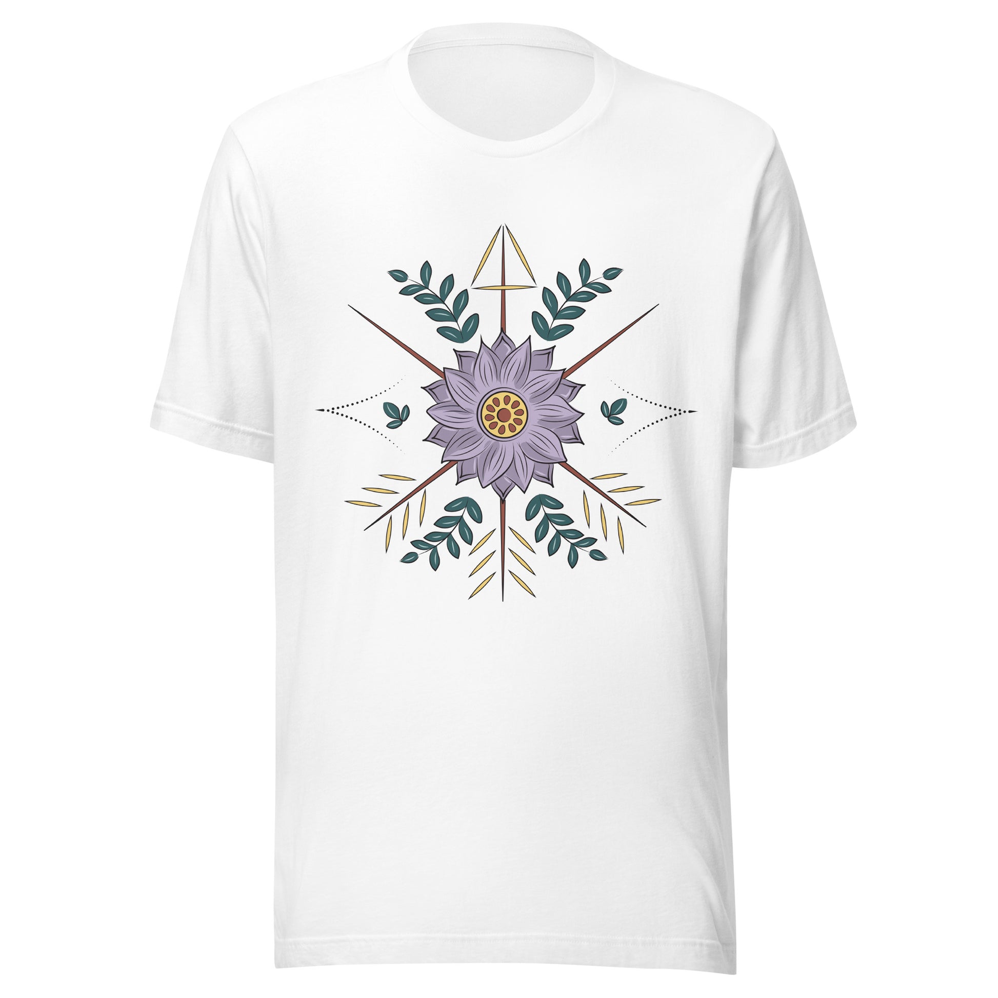 White unisex short sleeve t-shirt with a purple flower with arrow surrounding it.