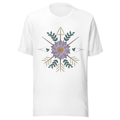 White unisex short sleeve t-shirt with a purple flower with arrow surrounding it.