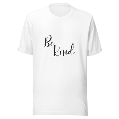 White unisex short sleeve t-shirt that says 'Be Kind'.