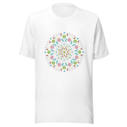 White unisex short sleeve  t-shirt with a Scandanavian style mandala multi-colored.