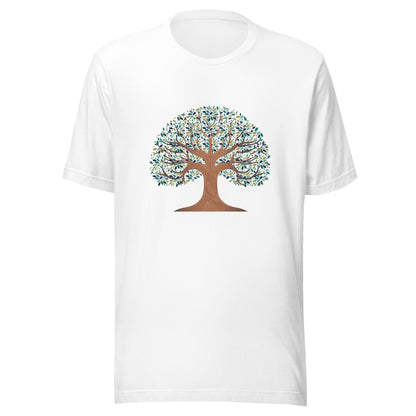 White unisex t-shirt with a tree of life with colorful leaves. 