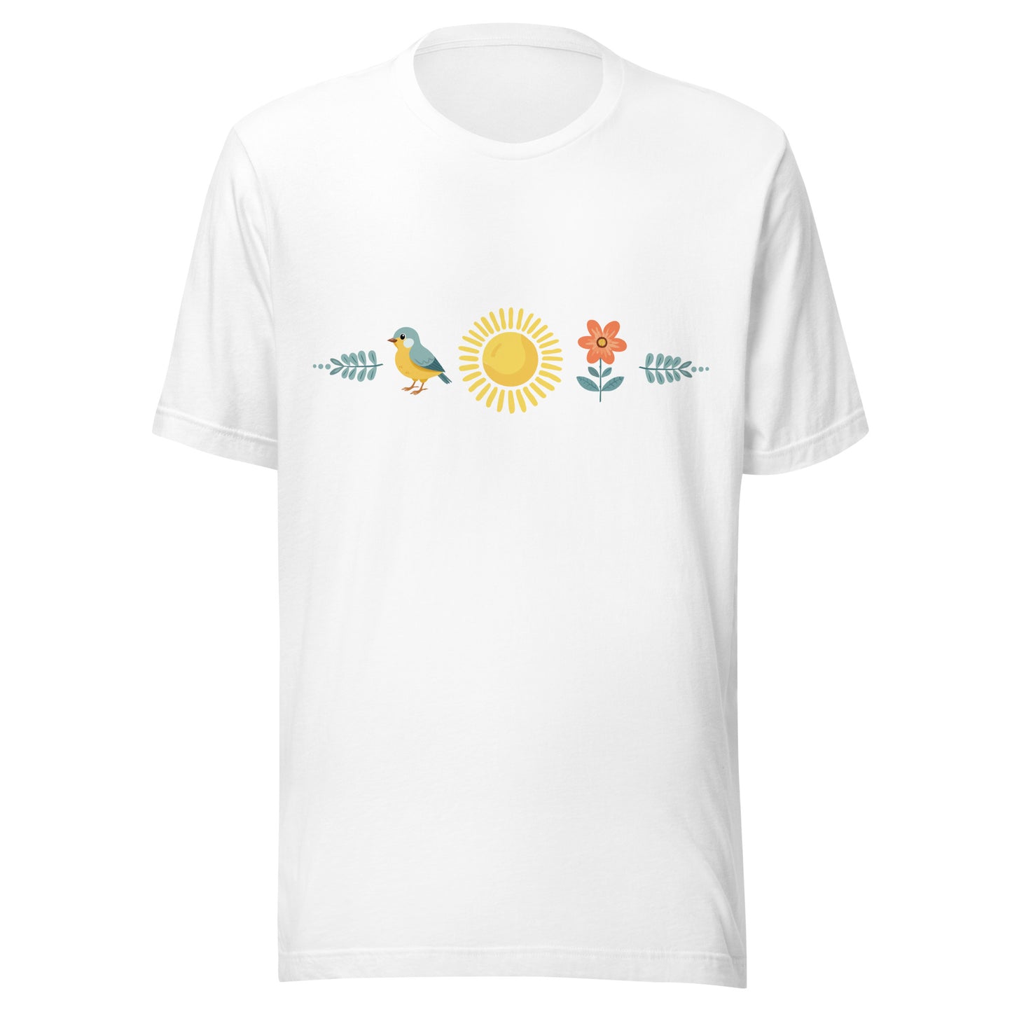 White short sleeve unisex t-shirt with a sun in the middle with a bird on one side and a flower on the other.