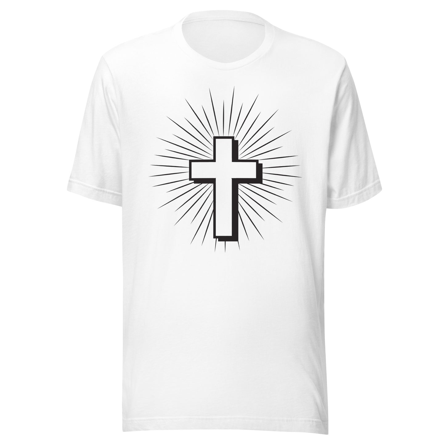 Christian Cross with Sun Rays on a short sleeve white Unisex T-Shirt.