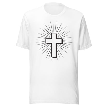Christian Cross with Sun Rays on a short sleeve white Unisex T-Shirt.