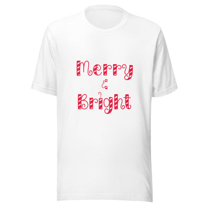Merry & Bright typography Christmas design Unisex short sleeve T-shirt in white.