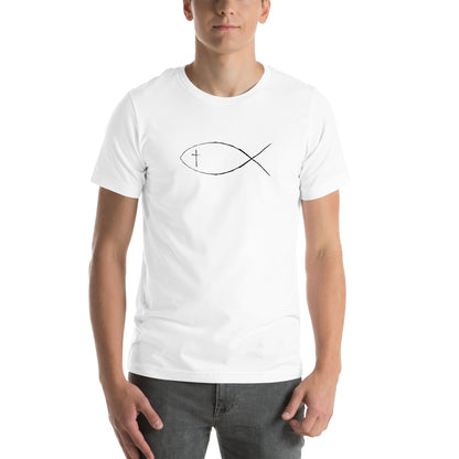 White Unisex short sleeve t-shirt with Christan fish and cross. 
