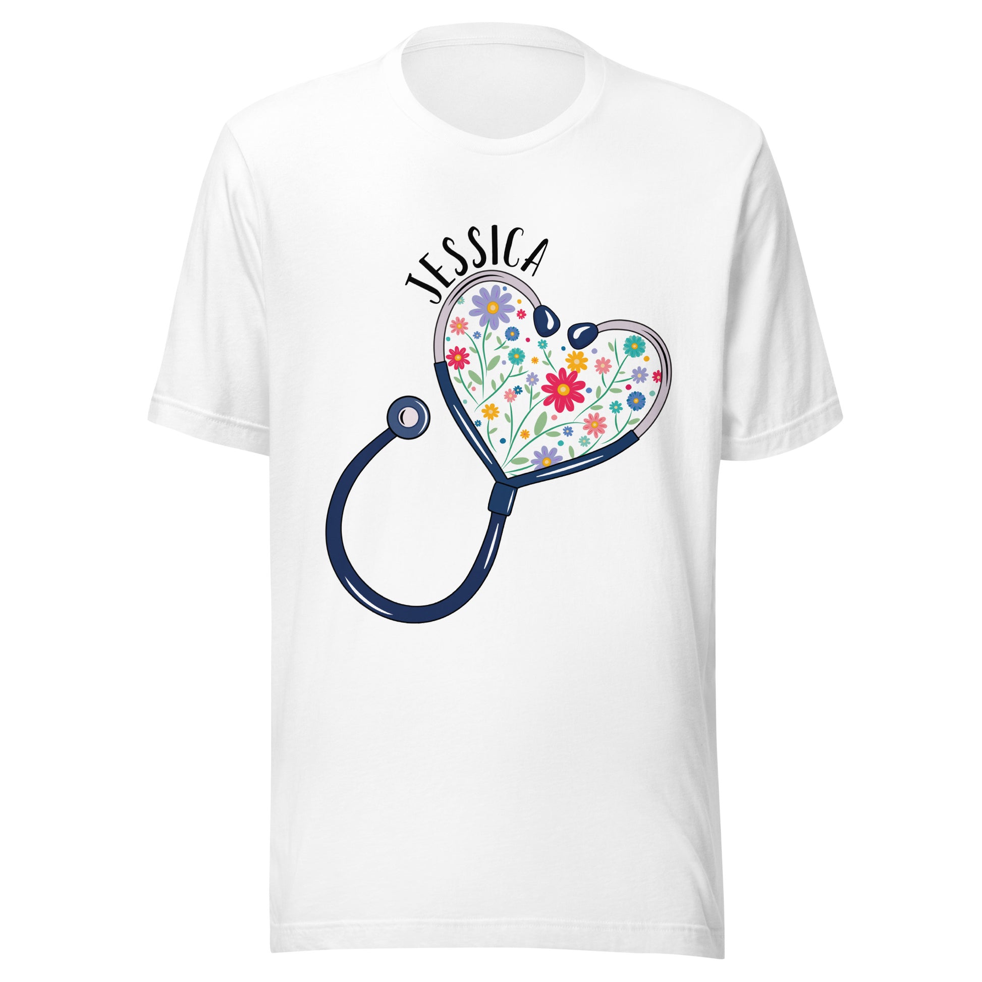 Unisex white short sleeve t-shirt with a stethoscope in the shape of a heart with multi-colored flowers inside and personalized with a name hugging the top of the heart shape. 