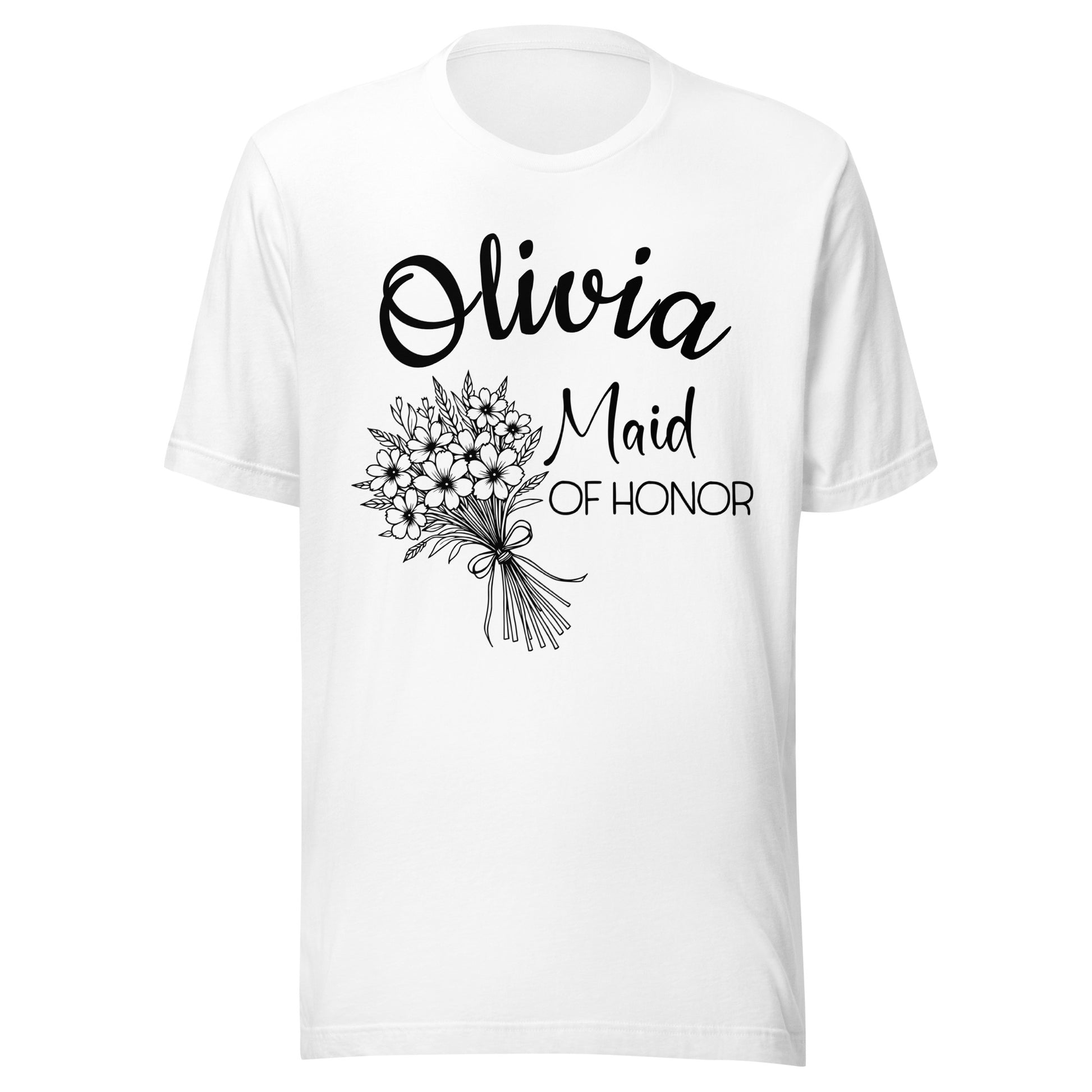 Personalized Maid of Honor t-shirt with name and large bouquet.