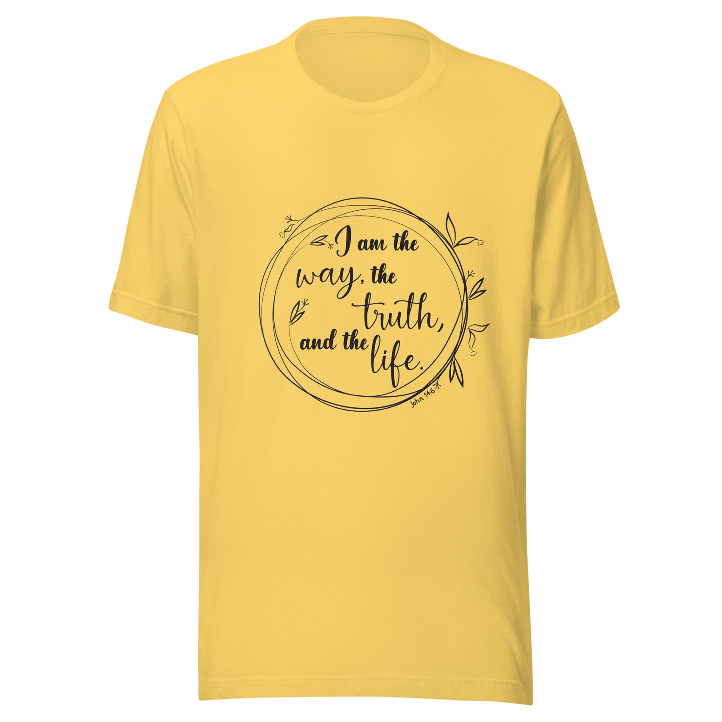 Yellow unisex short sleeve t-shirt with John 14:6 scripture written in a viney circle.