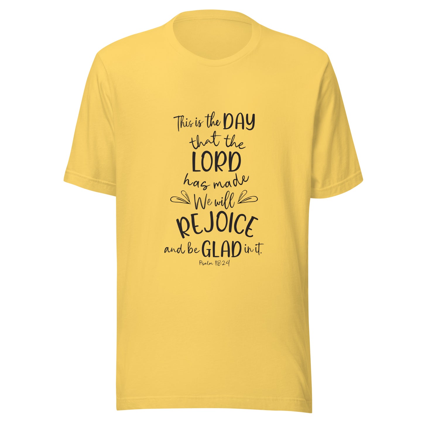 Yellow unisex short sleeve t-shirt with Psalm 118:24 scripture with a vine up one side of the words.