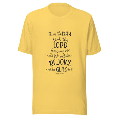 Yellow unisex short sleeve t-shirt with Psalm 118:24 scripture with a vine up one side of the words.
