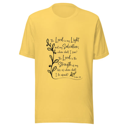 Yellow unisex short sleeve t-shirt with Psalm 27:1 scripture with a vine up one side of the words.
