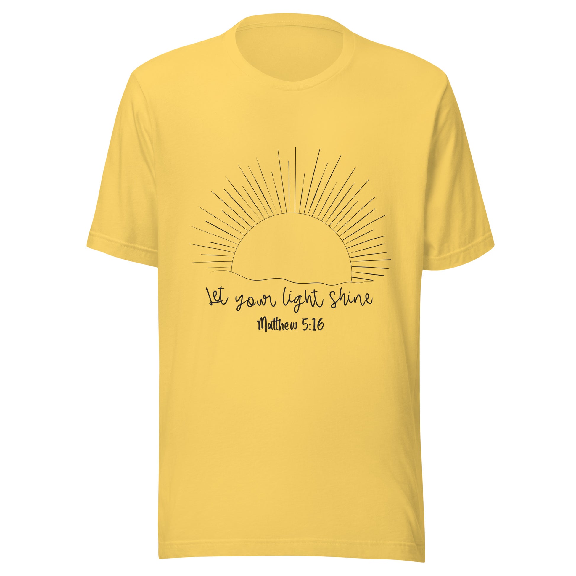 Yellow unisex short sleeve t-shirt that has a sun with many rays and underneath says 'Let your light shine', Matthew 5:16.