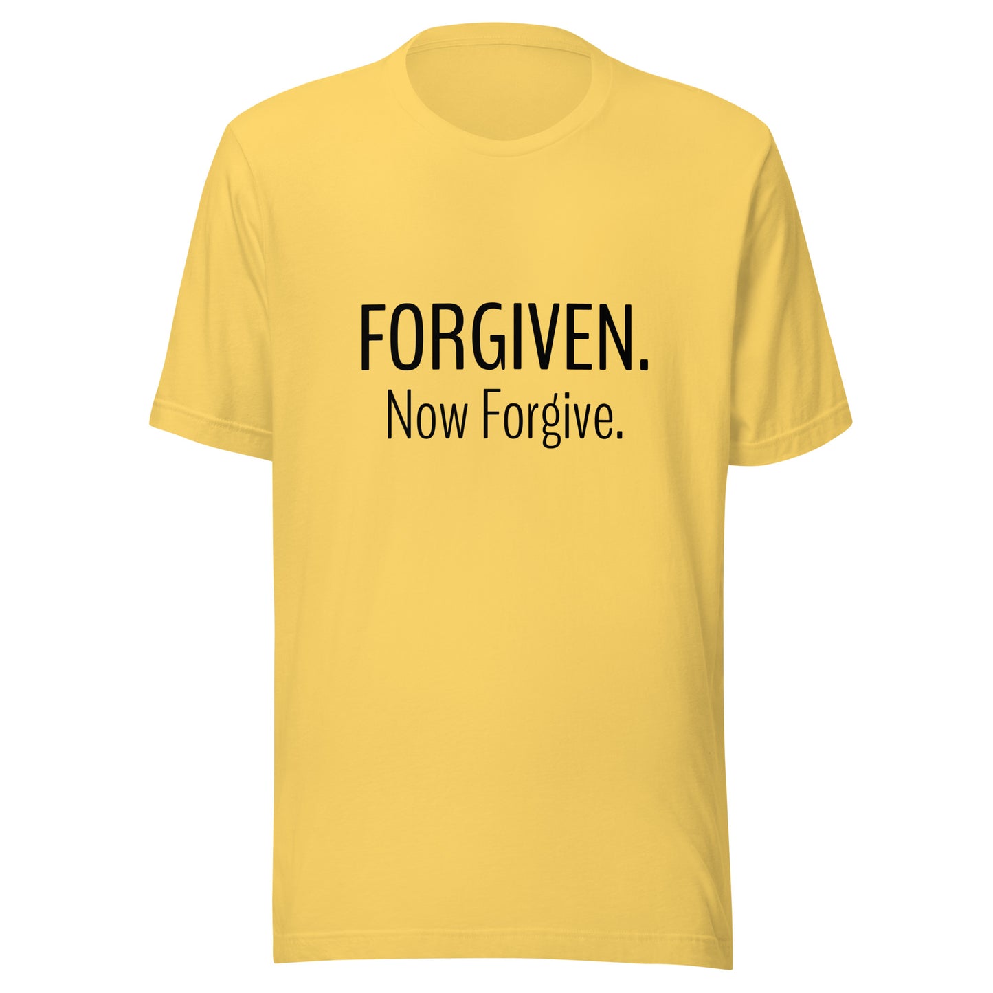 Yellow unisex short sleeve t-shirt that states Forgiven Now Forgive.