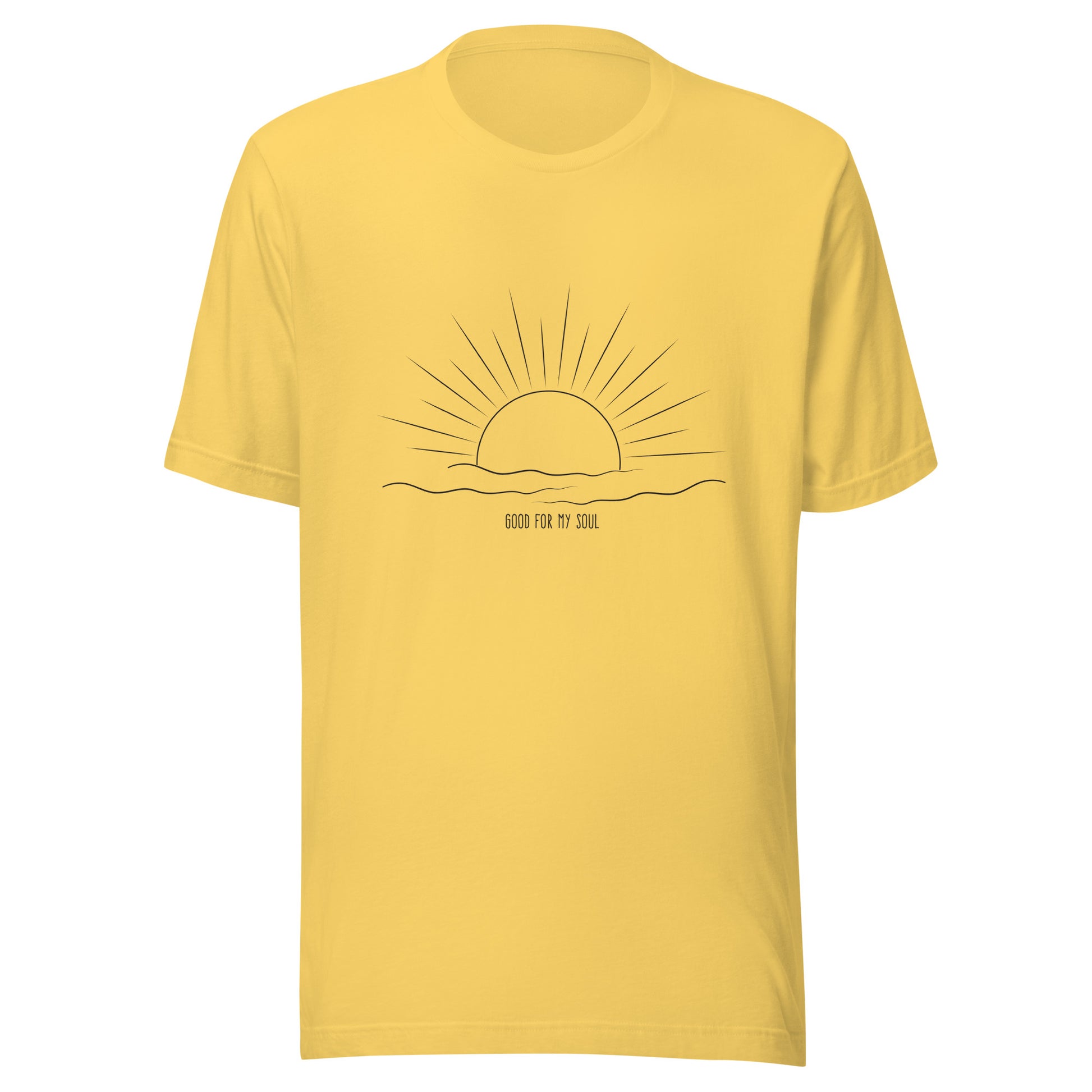 Yellow unisex short sleeve t-shirt that states 'Good for my soul' with a sunsetting above the words all in black color.