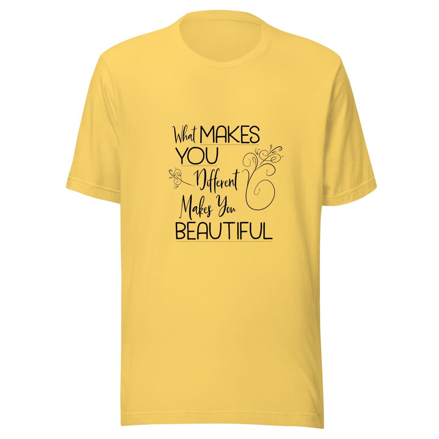 Yellow  unisex short sleeve t-shirt that states 'What makes you different makes you beautiful'.