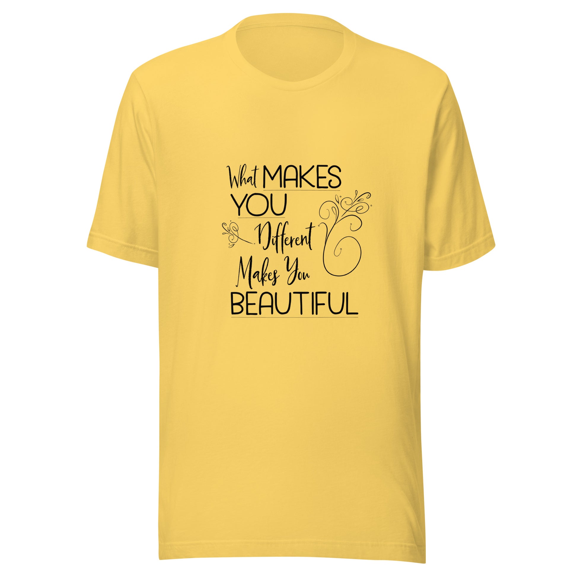 Yellow  unisex short sleeve t-shirt that states 'What makes you different makes you beautiful'.