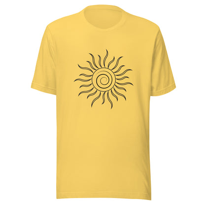 Yellow unisex short sleeve t-shirt with spiral sun and black fiery looking rays all black ink.