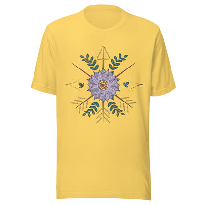 Yellow unisex short sleeve t-shirt with a purple flower with arrow surrounding it.