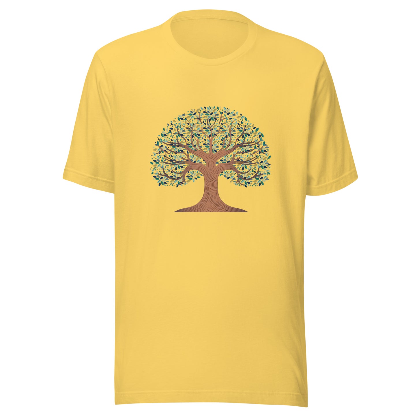 Yellow unisex t-shirt with a tree of life with colorful leaves. 