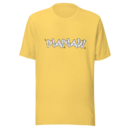 Yellow short sleeve unisex t-shirt that says Mamaw on the front written in cute font with flowers inside each letter. 