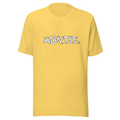 Yellow short sleeve unisex t-shirt that says Auntie on the front written in cute font with flowers inside each letter. 