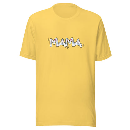 Yellow short sleeve unisex t-shirt that says Mama on the front written in cute font with flowers inside each letter. 