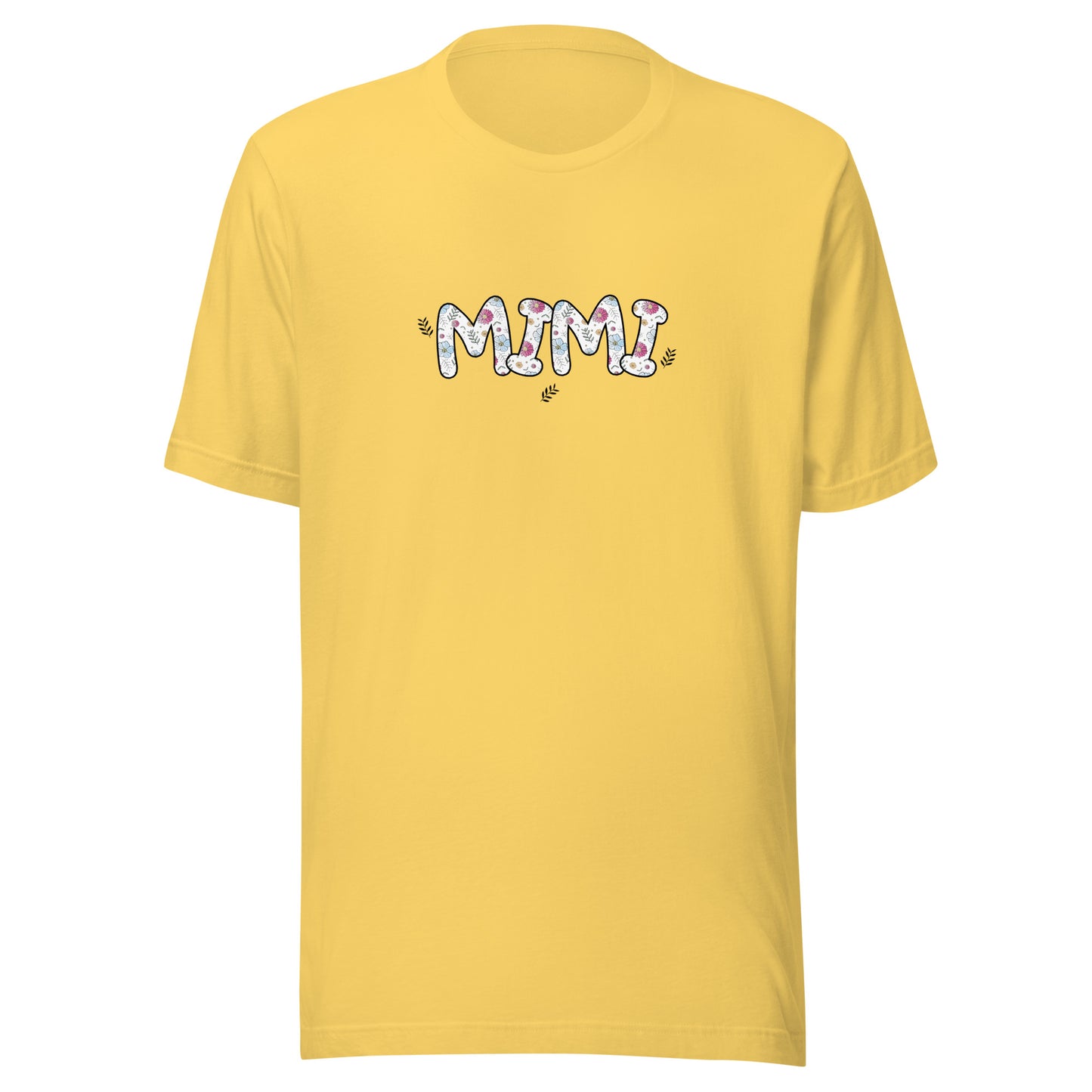 Yellow short sleeve unisex t-shirt that says Mimi on the front written in cute font with flowers inside each letter. 