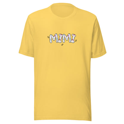 Yellow short sleeve unisex t-shirt that says Mimi on the front written in cute font with flowers inside each letter. 