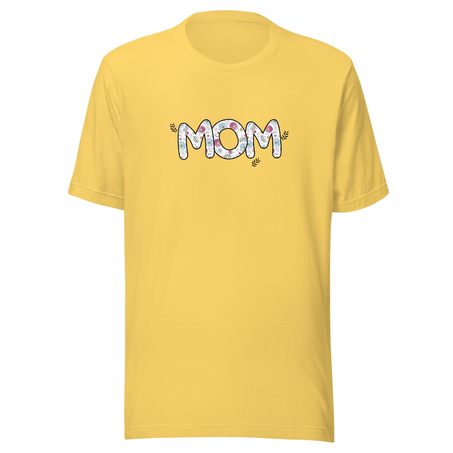 Yellow short sleeve unisex t-shirt that says Mom on the front written in cute font with flowers inside each letter. 