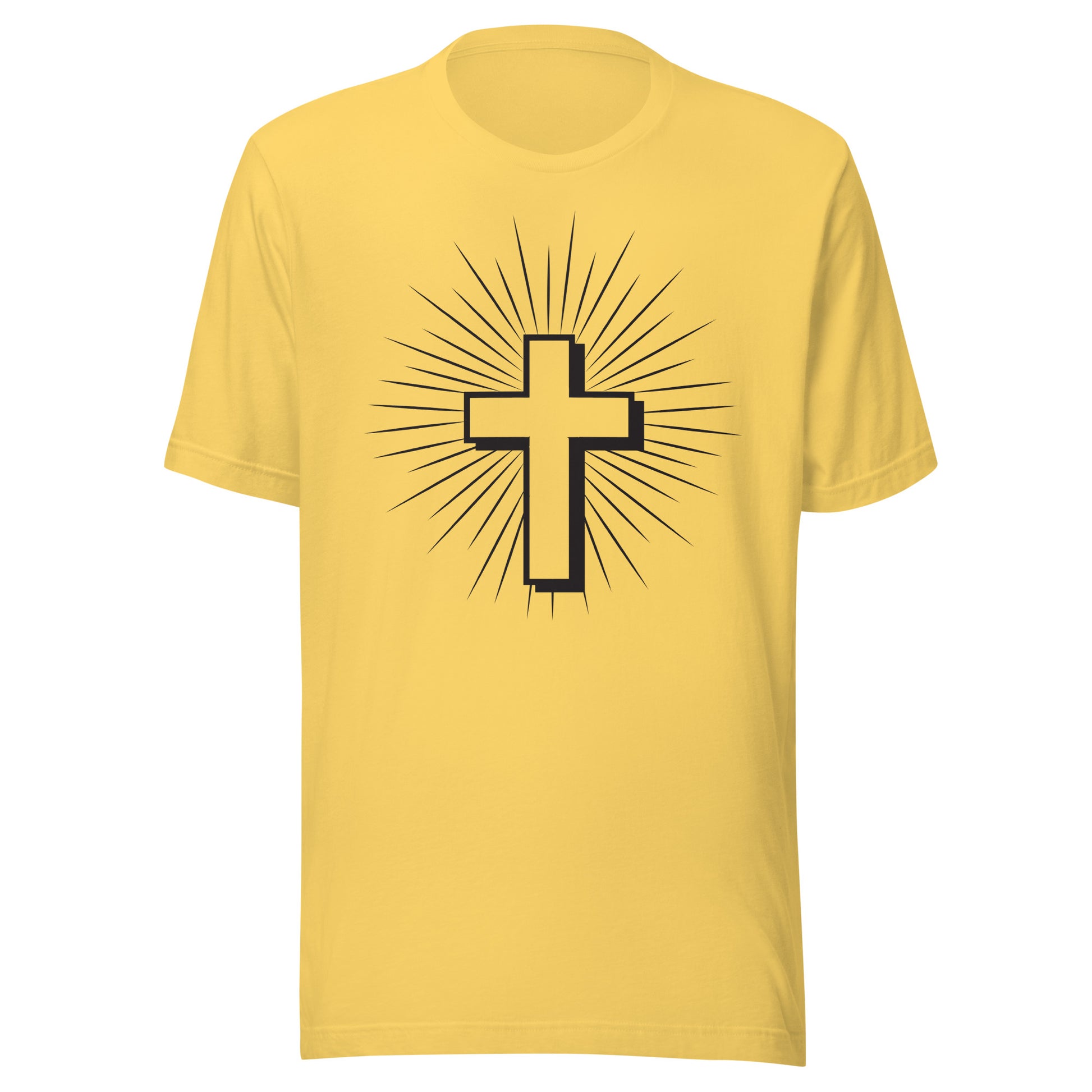 Christian Cross with Sun Rays on a short sleeve Yellow Unisex T-Shirt.