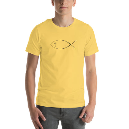 Yellow Unisex short sleeve t-shirt with Christan fish and cross. 