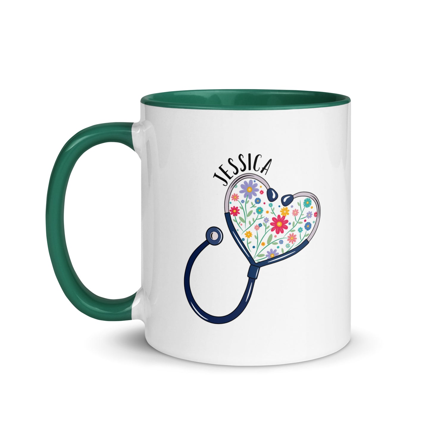 11 oz white ceramic mug with green handle with with a stethoscope in the shape of a heart with multi-colored flowers inside and personalized with a name hugging the top of the heart shape. 