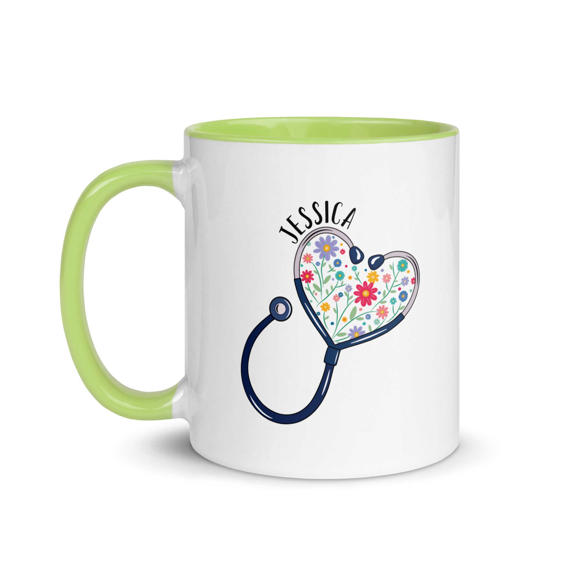 11 oz white ceramic mug with lime green handle with with a stethoscope in the shape of a heart with multi-colored flowers inside and personalized with a name hugging the top of the heart shape. 