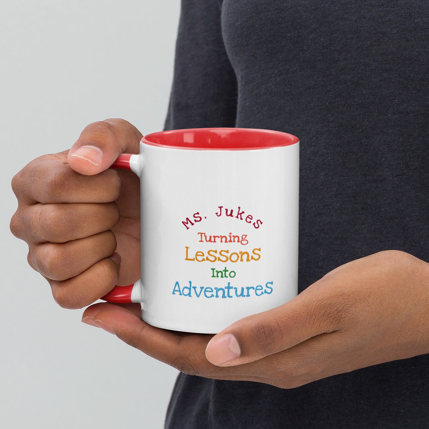 Personalized with name Teacher Turning Lessons Into Adventure Double Sided Print white Ceramic Mug with red color handle and inside of mug.